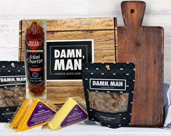 Confezione regalo per la Festa del Papà Damn, Man Chorizo, Mandorle e Formaggio - 6 Snack Premium - Manzo, Cheddar e Mandorle