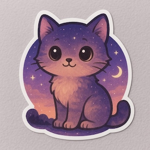 May include: A sticker featuring a cartoon cat with a starry night design. The cat is purple and gray, with large eyes and a smiling expression. The background is a gradient of purple, orange, and yellow, with stars and a crescent moon.
