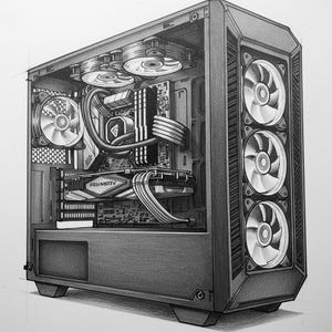 May include: A detailed pencil drawing of a computer case, showcasing internal components. The black case features multiple cooling fans. Internal components include a graphics card, motherboard, and CPU cooler. The drawing is highly detailed.