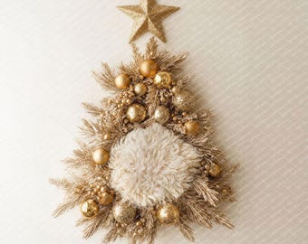 Digital backdrop, background newborn baby girl boy beige and gold , tree Christmas