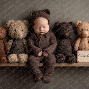 Op de afbeelding: Een pasgeboren baby in een bruin berenpak zit op een houten plank, omringd door vijf teddyberen in verschillende bruintinten. Een klein bordje met de tekst "Text here" staat voor de beren.