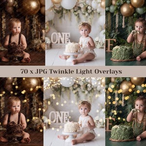 Puede incluir: Una colección de imágenes que muestran bebés con pasteles, ambientadas en varios fondos con globos y luces. El texto "70 x JPG Twinkle Light Overlays" es visible. Las imágenes muestran un tema festivo, adecuado para fotografía de cumpleaños o eventos.