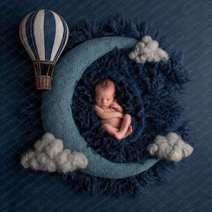 Verträumter Heißluftballon & Mond Neugeborenen Fotografie Digitaler Hintergrund
