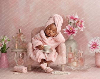 Newborn Spa Day Digital Backdrop: Pink Roses, Baby Girl Photo