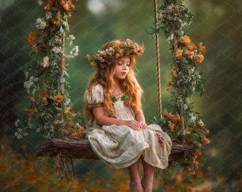 Fondo digital con columpio floral, fondo para fotografía infantil con flores silvestres