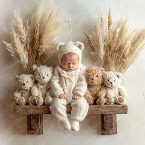 Fondo digital para recién nacidos con banco de osito de peluche, hierba de la pampa (JPEG y PNG)