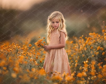 Golden Hour Child Digital Backdrop, Wildflower Meadow Kids Photography Background, Fine Art Portrait Composite