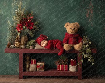 Christmas Newborn Digital Backdrop: Rustic Teddy Bear Scene (PNG)