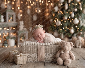 Cozy Christmas Newborn Digital Backdrop, Holiday Baby Composite Background, Christmas Tree