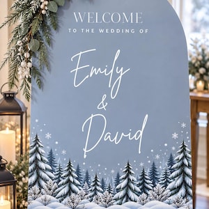 May include: An arched, dusty blue wedding welcome sign featuring the text "WELCOME TO THE WEDDING OF Emily & David" in white lettering. The bottom displays a snowy forest landscape with pine trees and snowflakes, accented by a pine branch.