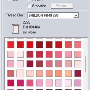 Puede incluir: Un gráfico digital de hilos con una cuadrícula de muestras de color rosa y rojo. El gráfico incluye el texto "Thread Chart: BRILDOR PB40 288", "2228", "Ref 001404" y "mistyrose". Las muestras de color varían del rosa claro al rojo intenso.
