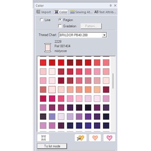 Op de afbeelding: Een digitale kleurenkaart toont een reeks rode, roze en paarse tinten. De kaart is gelabeld met "BRILDOR PB40 288" met de kleurnaam "mistyrose". Knoppen voor importeren, kleurselectie en andere opties zijn zichtbaar.