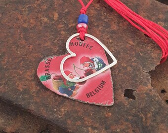 LaChouffe beercap and sterling silver heart pendant. Red.  Recycled tin. For your loved one!