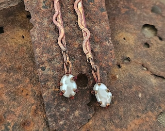Rustic bar earrings with scribble design and dangling prong set fresh water pearls