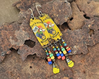 La Chouffe  recycled bottle cap earring, rectangelar, with  glass beads