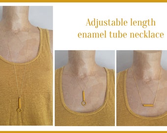 Enamel tubes necklace, adjustable style, colour yellow