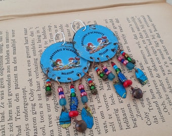 Blue La Chouffe  recycled bottle cap earring with  glass beads bells and tin dangles