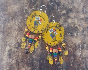 New! Handmade Recycled yellow bottle cap earrings, Christmas gift