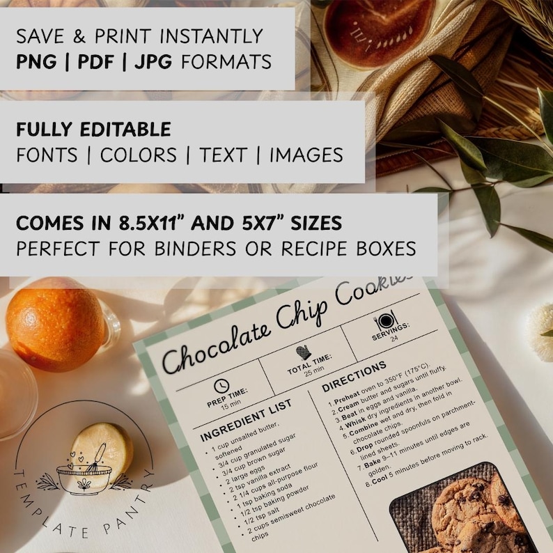 K&ouml;nnte beinhalten: Eine Vorlage f&uuml;r Schokoladen-Chip-Kekse mit Zutatenliste und Anweisungen. Das Design enth&auml;lt den Text "SAVE & PRINT INSTANTLY" und "FULLY EDITABLE". Die Vorlage ist in den Gr&ouml;&szlig;en 21,6x27,9 cm und 12,7x17,8 cm erh&auml;ltlich.