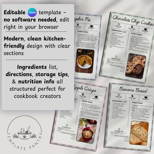 K&ouml;nnte beinhalten: Rezeptvorlagen f&uuml;r Kochbuchautoren. Modernes, klares Design mit &uuml;bersichtlichen Abschnitten f&uuml;r Zutaten, Anweisungen und N&auml;hrwertangaben. Rezepte: K&uuml;rbiskuchen, Schokoladen-Chip-Cookies, Apfel-Crisps und Bananenbrot. Bearbeitbar.