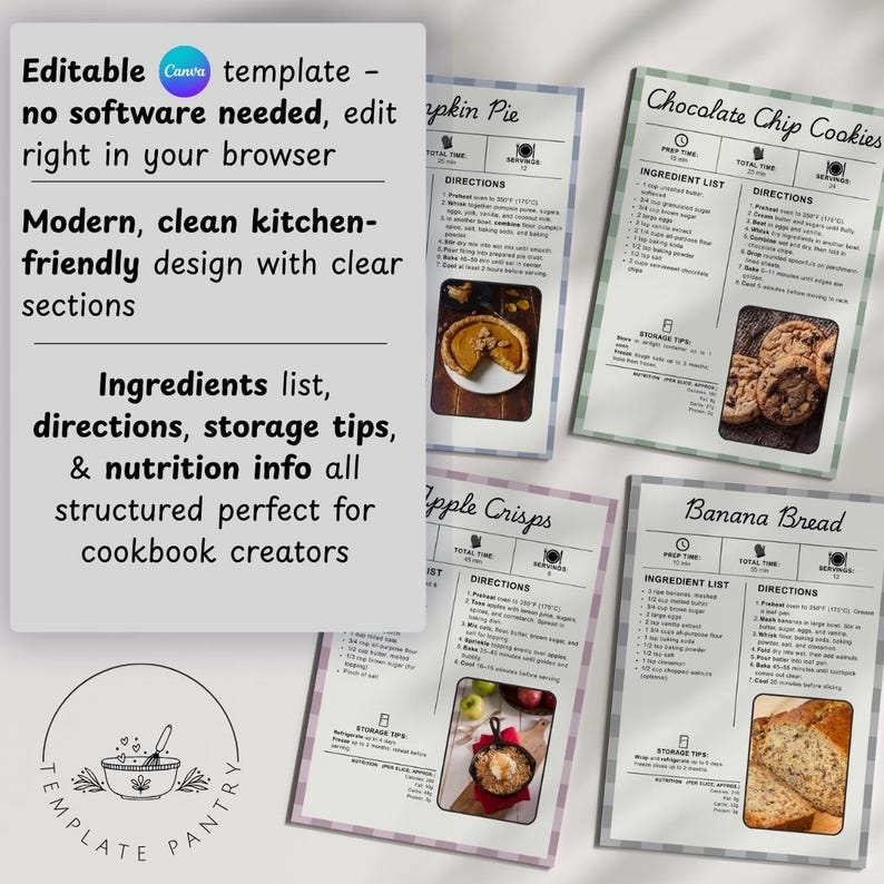 K&ouml;nnte beinhalten: Rezeptvorlagen f&uuml;r Kochbuchautoren. Modernes, klares Design mit &uuml;bersichtlichen Abschnitten f&uuml;r Zutaten, Anweisungen und N&auml;hrwertangaben. Rezepte: K&uuml;rbiskuchen, Schokoladen-Chip-Cookies, Apfel-Crisps und Bananenbrot. Bearbeitbar.