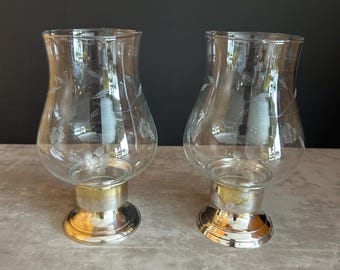 Vintage International Silver Co. Hurricane Candle Holders - 1990s Silverplate & Etched Glass - Set of 2 