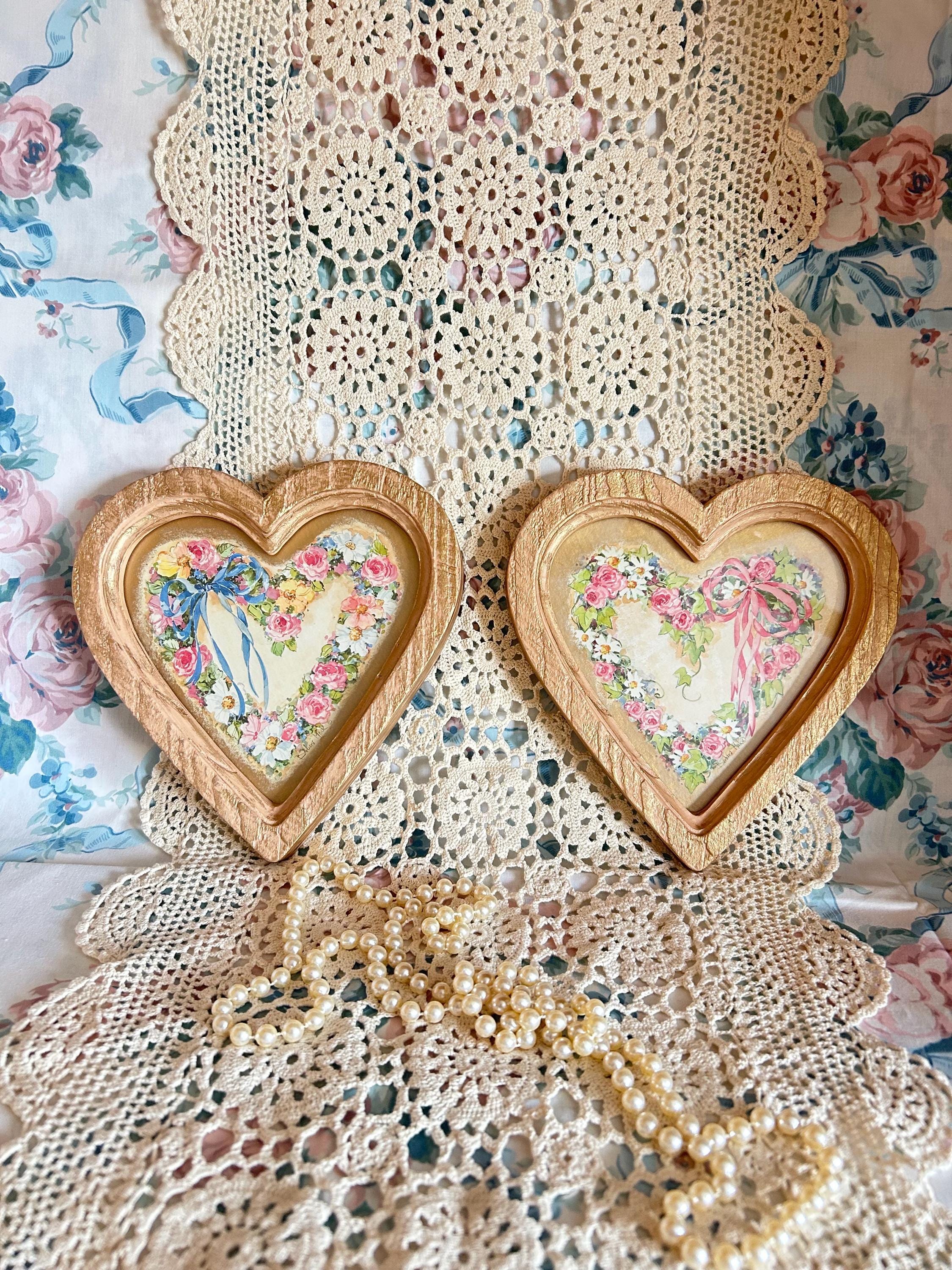 Pair of Vintage 1987 Homco Heart Wall Plaques, Gold Gilded Shabby