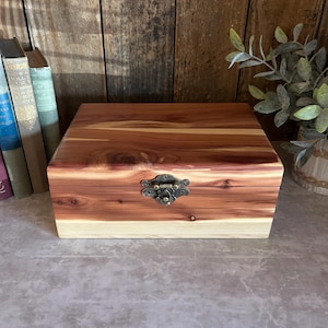 May include: A handcrafted wooden box with a reddish-brown top and a lighter-colored base. The box features a decorative metal clasp. The wood grain is visible, adding to the rustic charm. A small plant and books are in the background.