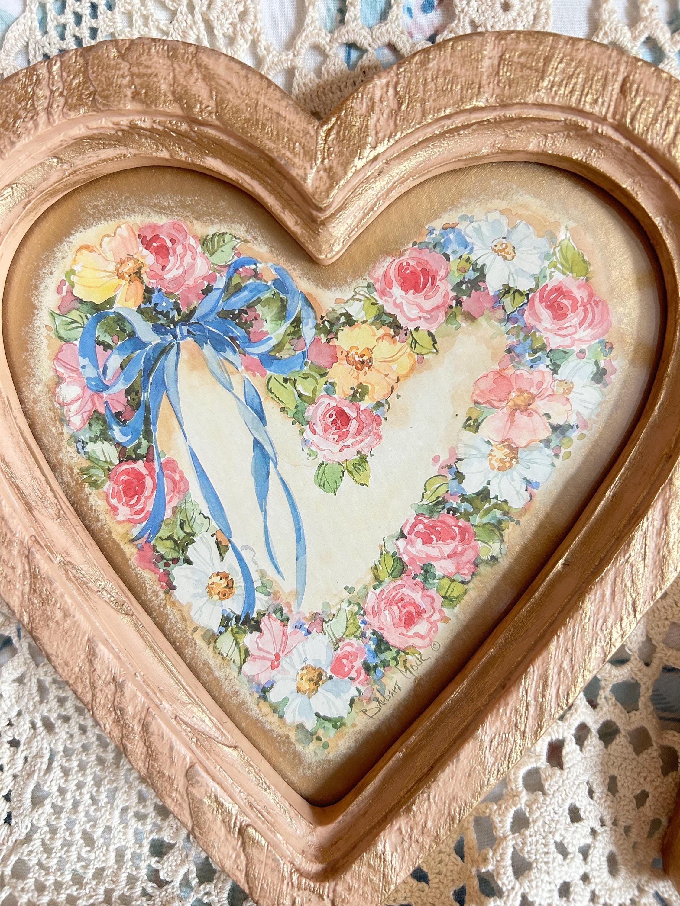 Pair of Vintage 1987 Homco Heart Wall Plaques, Gold Gilded Shabby