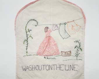 Vintage Embroidered Appliqué Clothespin Bag, Farmhouse Laundry Decor, Woman Hanging Laundry Scene
