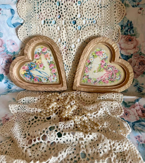Pair of Vintage 1987 Homco Heart Wall Plaques, Gold Gilded Shabby