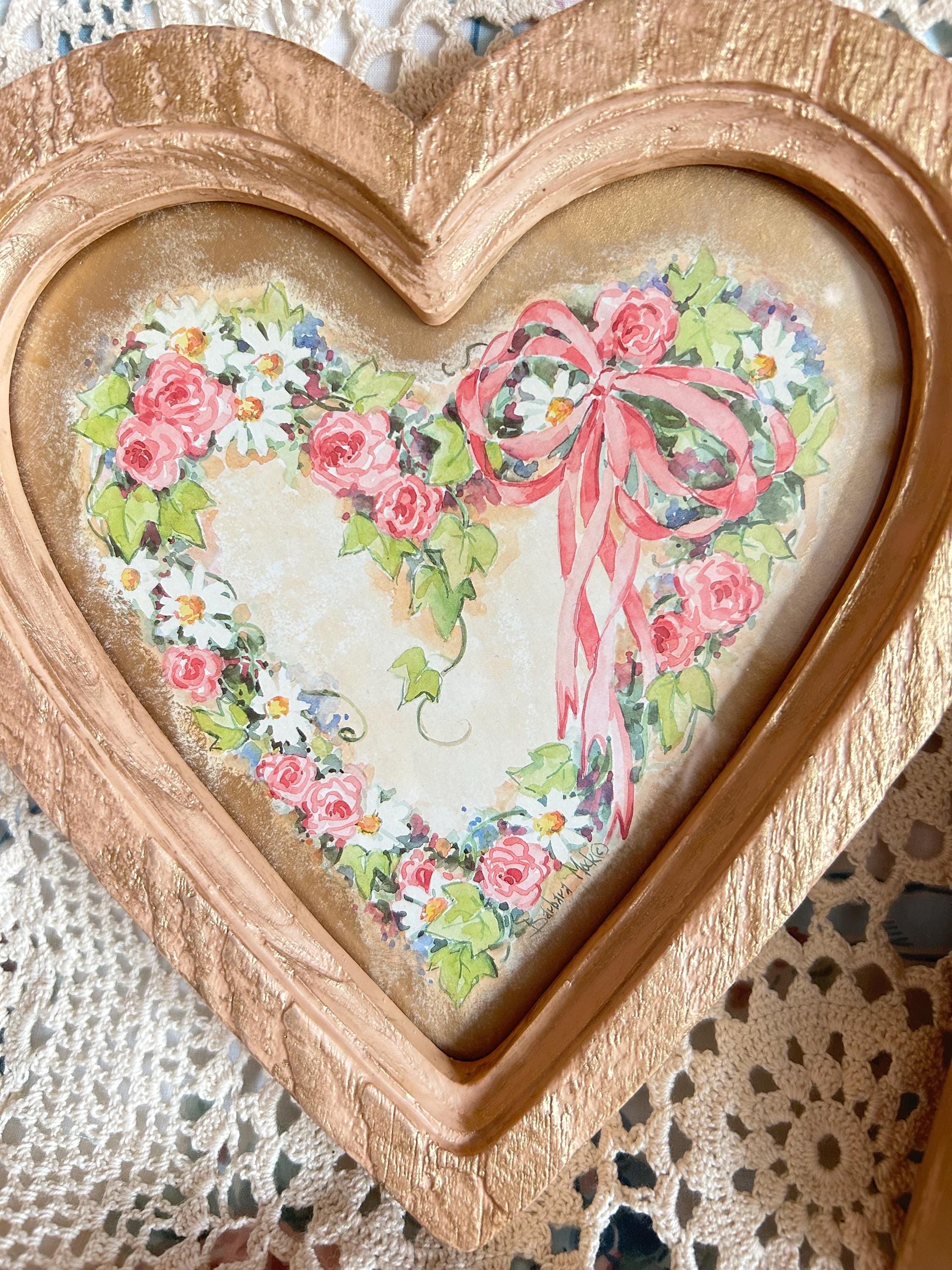 Pair of Vintage 1987 Homco Heart Wall Plaques, Gold Gilded Shabby