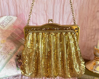 Vintage 1940s Whiting and Davis Gold Mesh Handbag / Art Deco Brass Filigree Openwork Frame Evening Bag