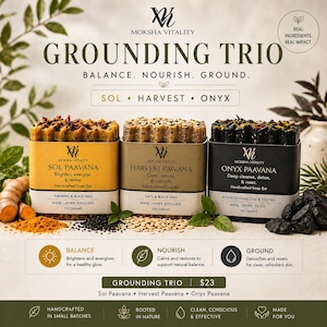 Puede incluir: Imagen de tres jabones artesanales de Moksha Vitality: Sol Paavana, Harvest Paavana y Onyx Paavana. Cada jabón está en una caja con el nombre de la marca y los detalles del producto. Los jabones pesan 110 gramos cada uno. Incluye texto.