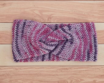 Handgemaakte gebreide gedraaide hoofdband – roze-paarse oorwarmer Blend