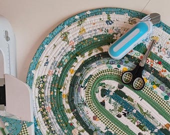 Handgemaakt vloerkleed jelly roll – ovaal katoenen vloerkleed, groen-botanisch