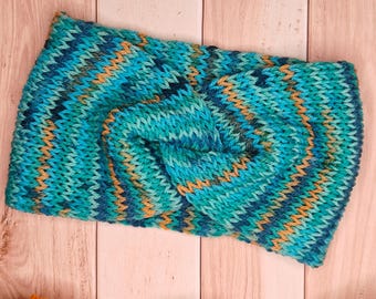 Handgemaakte turkoois gebreide hoofdband: merinowolmix twist-oorwarmer