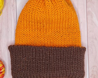 Handgemaakte omkeerbare gebreide beanie: oranje en bruin acryl wintermuts