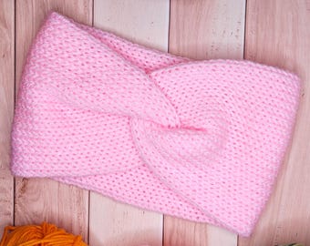 Roze gebreide oorwarmer met hoofdband: handgemaakte tulband van acryl