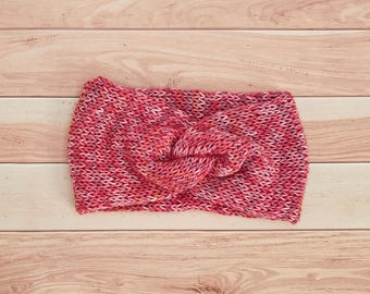 Handgemaakte gebreide hoofdband – roodroze gedraaide oorwarmer