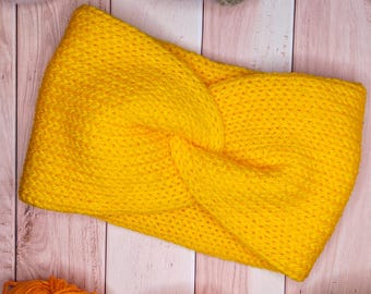 Gele gebreide oorwarmer met hoofdband: handgemaakte tulband van acryl