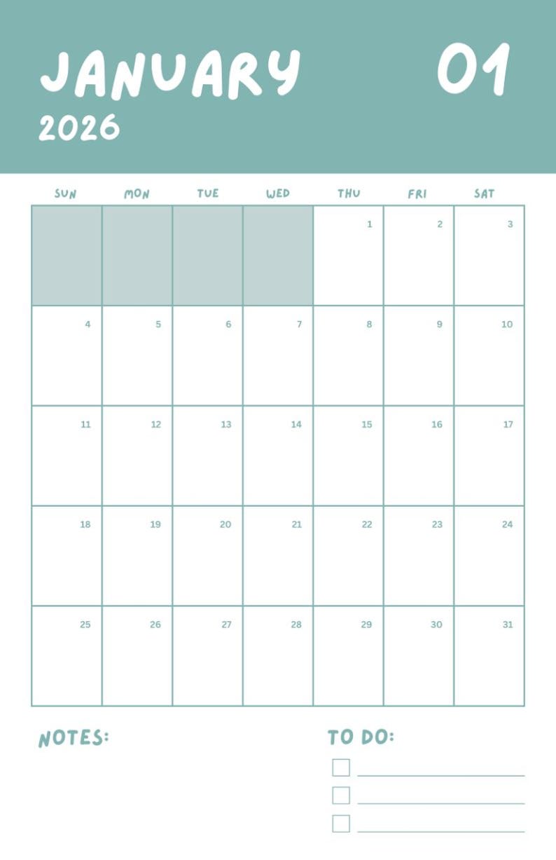Kalender 2026 zum Ausdrucken | Minimal Monatsplaner | Ästhetischer PDF