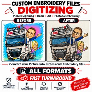 Pode incluir: Serviço de digitalização de bordados mostrando uma comparação antes e depois de uma ilustração de um caminhão DAF com duas pessoas. O texto inclui CUSTOM EMBROIDERY FILES, DIGITIZING, BEFORE, AFTER e CONVERT YOUR PICTURE INTO PROFESSIONAL EMBROIDERY FILES.