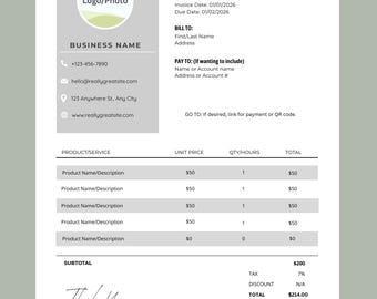 May include: A professional invoice template with a logo placeholder, business contact details, and sections for billing information, product descriptions, and totals. The invoice includes the text "INVOICE" and "Thank You".