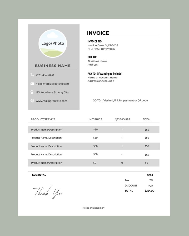 Invoice Signature Sample Invoice Template | Editable | Digital Download - Etsy