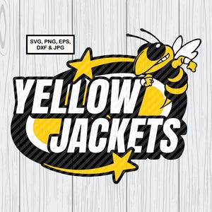 Könnte beinhalten: Grafikdesign mit einer gelb-schwarzen Cartoon-Biene und den Worten "YELLOW JACKETS" in fetten weißen Buchstaben. Das Design umfasst gelbe Sterne und einen schwarz-grau gestreiften Hintergrund. Der Text "SVG, PNG, EPS, DXF & JPG" ist ebenfalls enthalten.