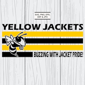 Puede incluir: Diseño gráfico con las palabras "YELLOW JACKETS" sobre un diseño de rayas amarillas y negras. Una abeja de dibujos animados está a la izquierda. El texto "BUZZING WITH JACKET PRIDE!" está debajo.
