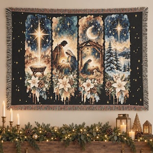 May include: A rectangular woven tapestry featuring four vertical panels depicting a nativity scene with a bright star, the holy family, a manger, and a winter landscape, all accented with white poinsettia flowers and a dark black background.