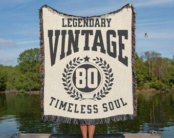Custom Woven Blanket, 80th Birthday Gift, Personalized Milestone Throw, Gift for Dad Grandpa Father in Law,  Travel Picnic Camping Blanket