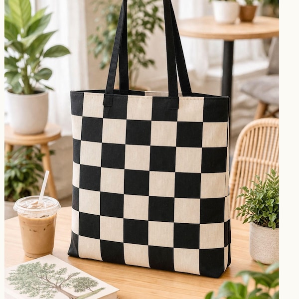 Checkerboard Woven Tapestry Tote Bag, Black and White Retro Checkered Market Bag, Everyday Tote Bag, Book Lover Gift, Birthday Gift for Her